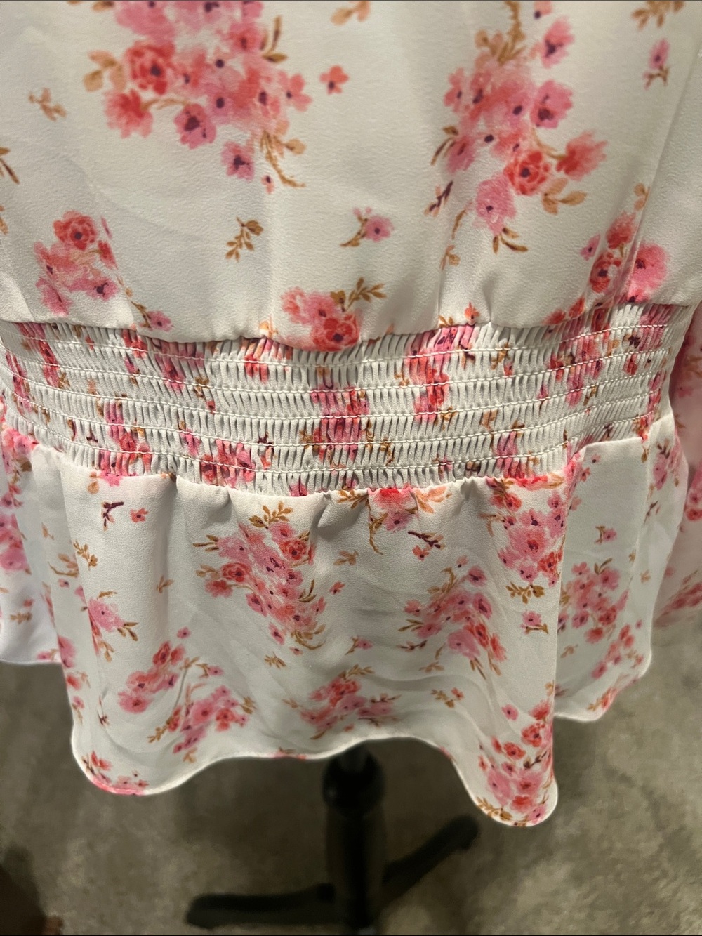 Vince Camuto White Blouse with Pink Floral Print and Smocked Waist - Picture 2 of 10